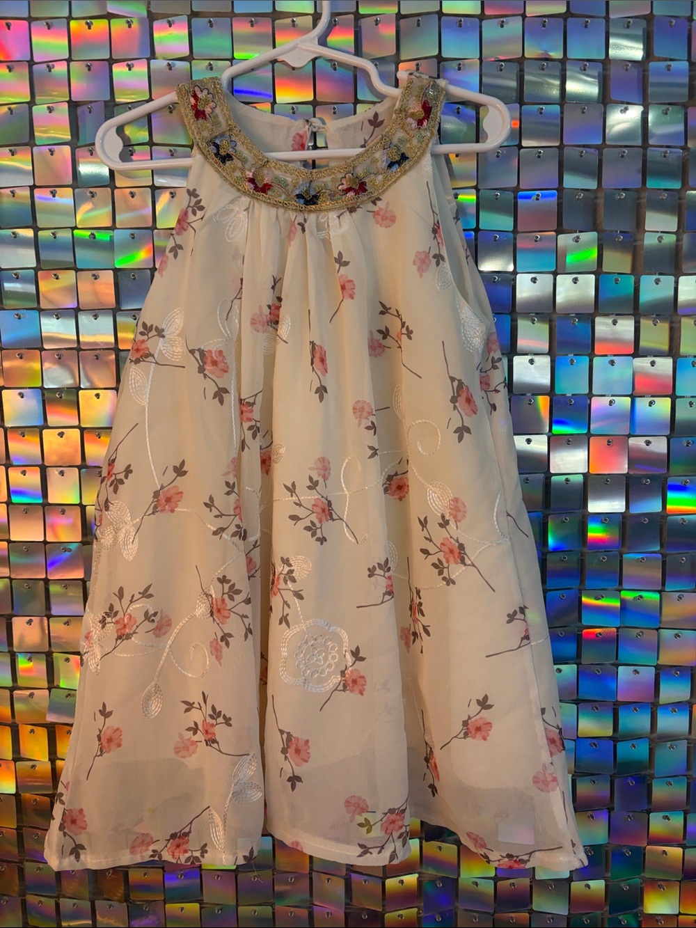 Girls Cream Floral Embroidered Party Dress with Beaded Neckline